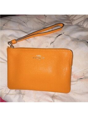Coach Orange Leather Wristlet Clutch with Wrist Strap